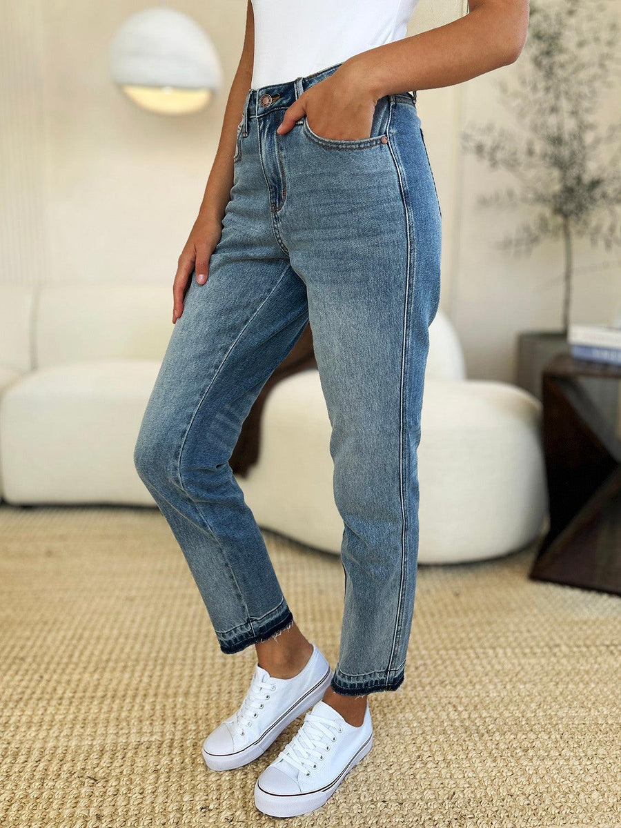 Judy Blue Mid Rise Rigid Magic Release Hem Jeans - Three Mad Hatters Mercantile 