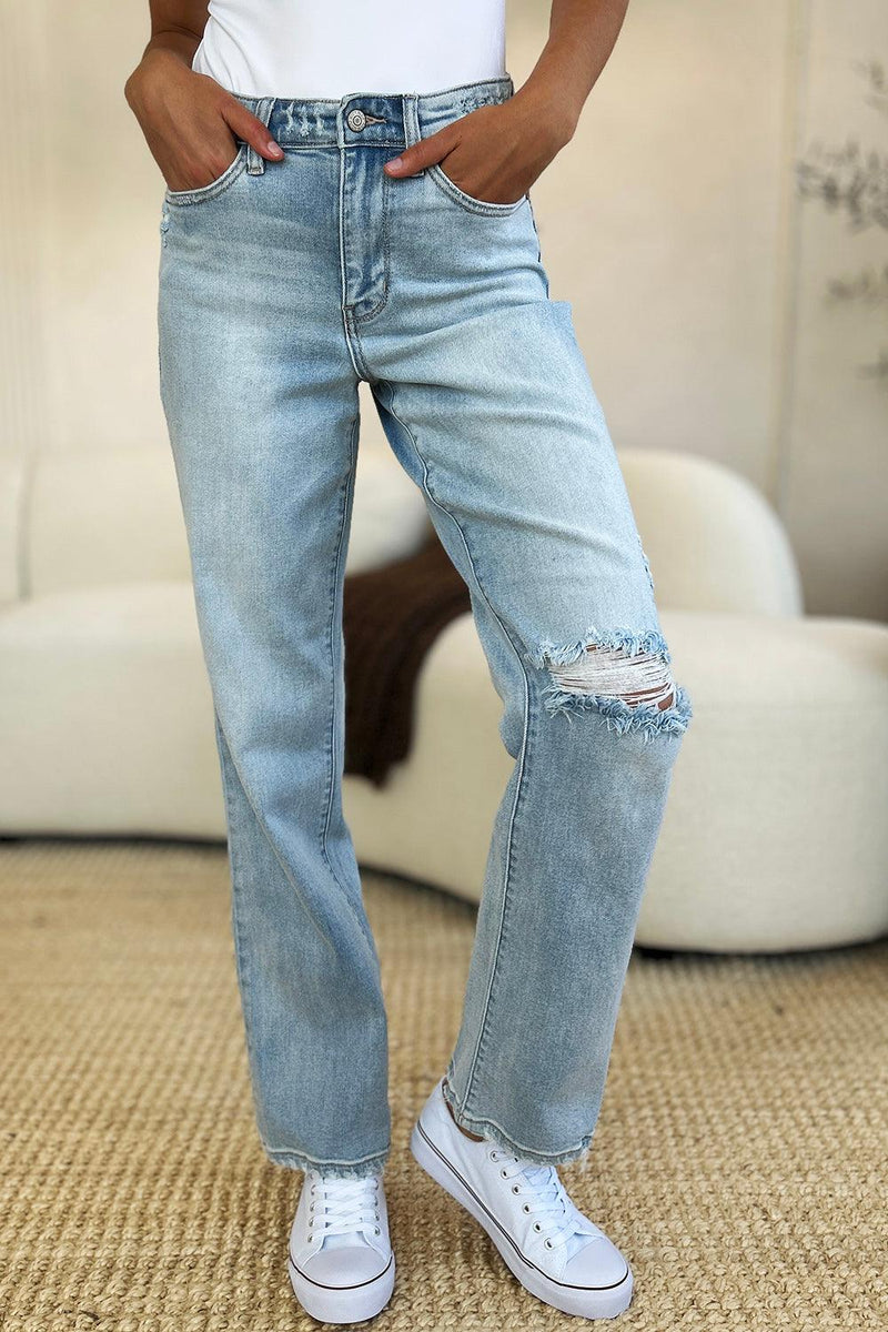 Judy Blue Full Size High Waist Distressed Straight Jeans - Three Mad Hatters Mercantile 