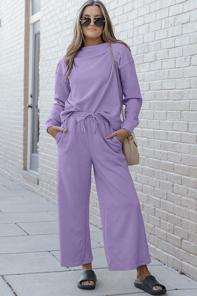Double Take Full Size Textured Long Sleeve Top and Drawstring Pants Set - Three Mad Hatters Mercantile 