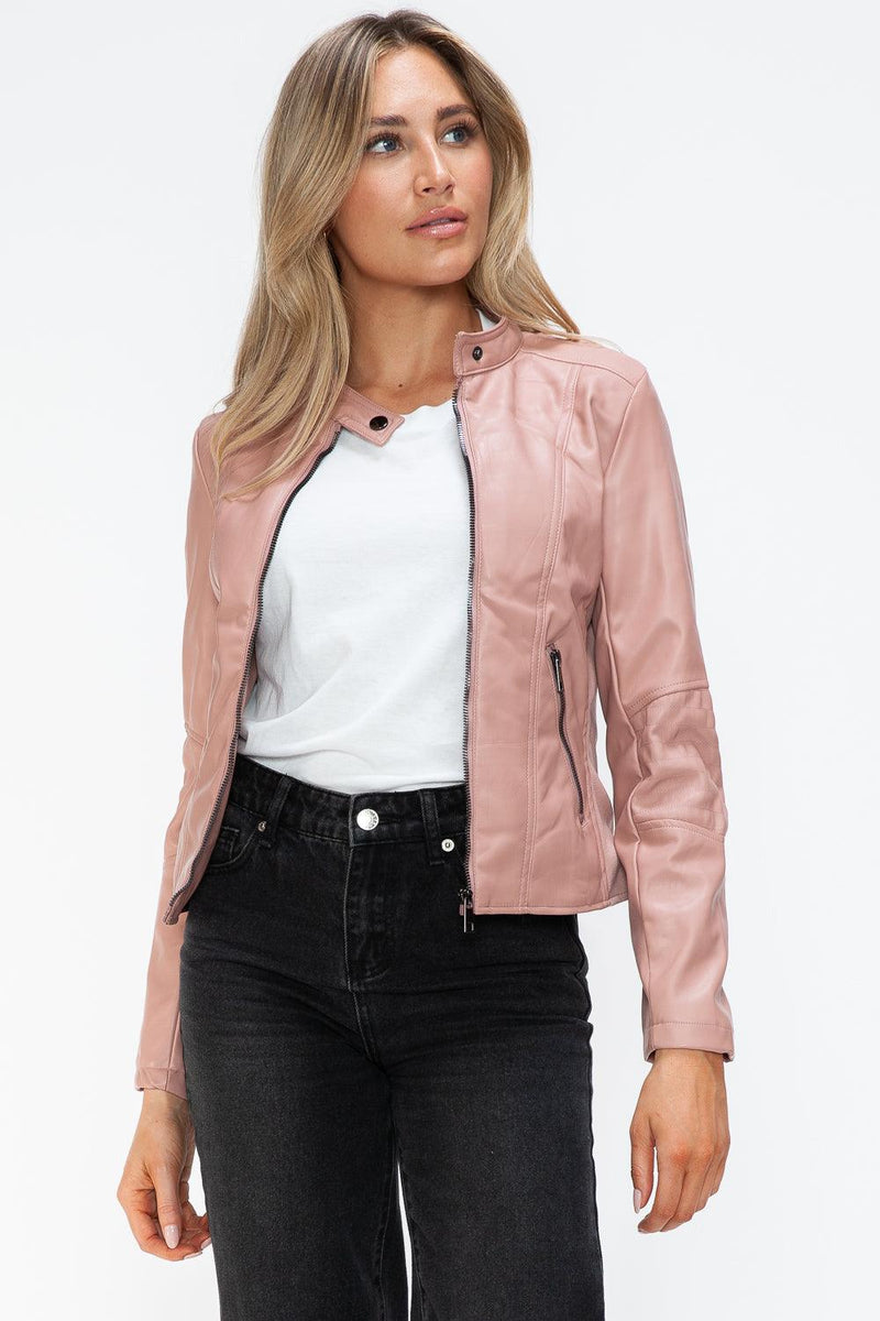 Snobbish Faux Leather Zip Up Drawstring Hooded Jacket - Three Mad Hatters Mercantile 