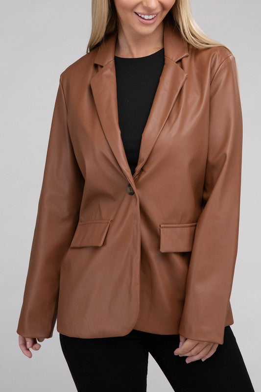 Sleek Pu Leather Blazer with Front Closure Blazer   