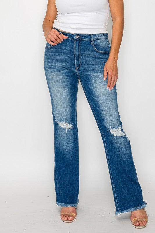 Bytos Raw Hem Distressed High Rise Bootcut Jeans - Three Mad Hatters Mercantile 