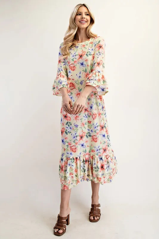 Celeste Soft Floral Ruffle Trim Dress Plus Size Womens Midi Dress