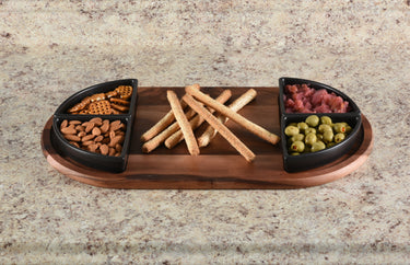 Charcuterie / Serving Tray w/ 4 Triangular Ceramic Bowls