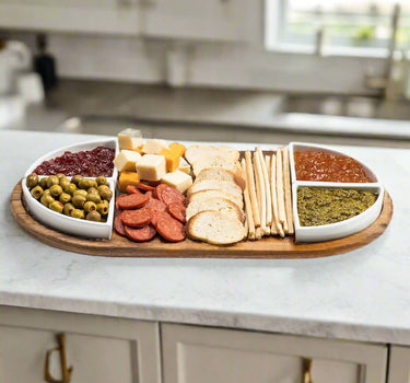 Charcuterie / Serving Tray w/ 4 Triangular Ceramic Bowls