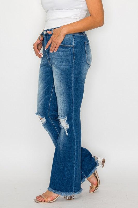 Bytos Raw Hem Distressed High Rise Bootcut Jeans - Three Mad Hatters Mercantile 