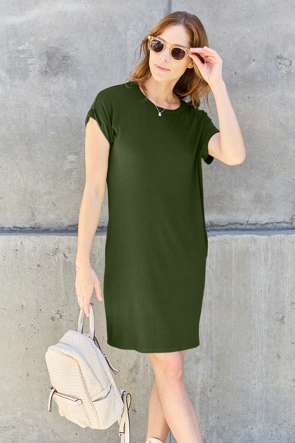 Basic Bae Full Size Round Neck Short Sleeve Dress with Pockets Womens Dresses Matcha Green S 