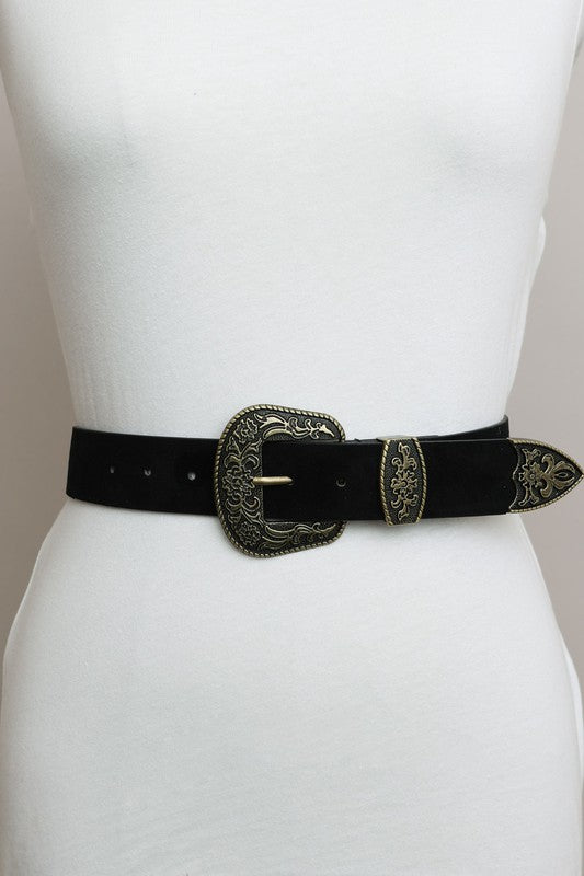 The Sara Western Buckle Belt Vegan Suede Western Belt with Buckle Black Default 