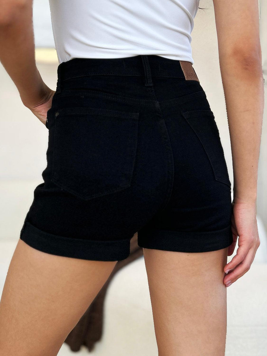 Judy Blue Full Size High Waist Tummy Control Cuffed Denim Shorts - Three Mad Hatters Mercantile 