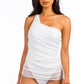 One piece single shoulder solid swimsuit with mesh    