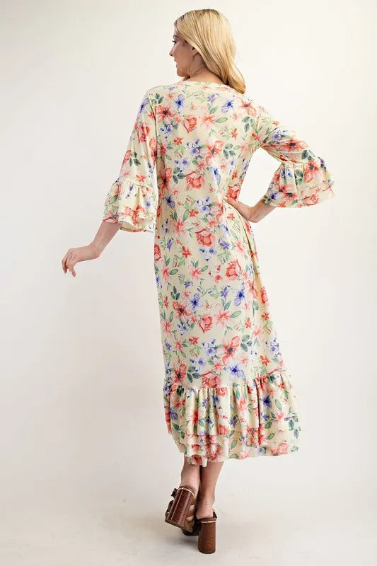Celeste Soft Floral Ruffle Trim Dress Plus Size Womens Midi Dress