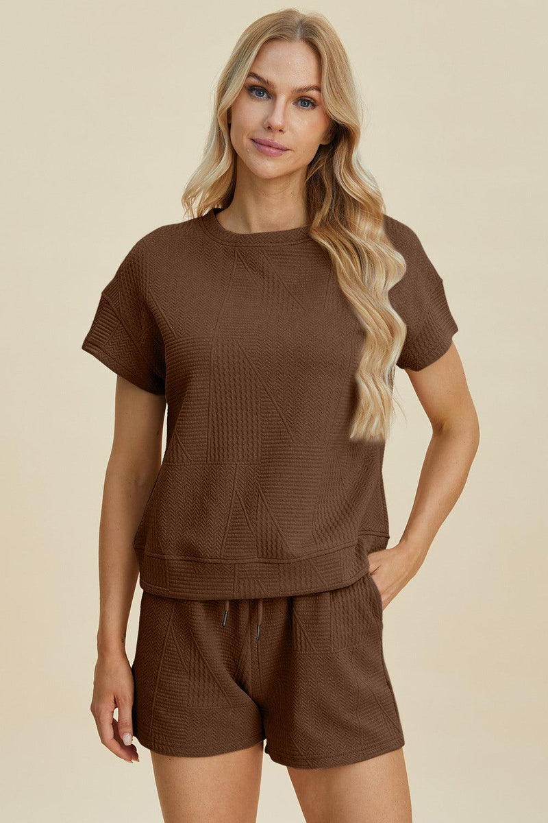 Double Take Full Size Texture Short Sleeve Top and Shorts Set - Three Mad Hatters Mercantile 