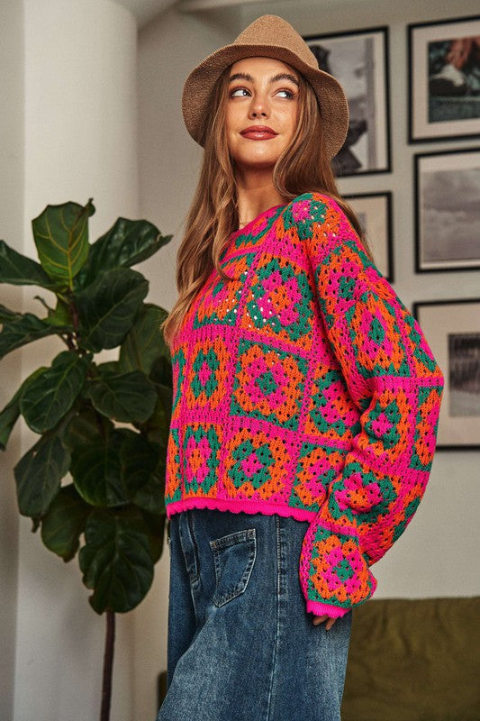 Crochet Patchwork Round Neck Pullover Sweater Top Sweater   