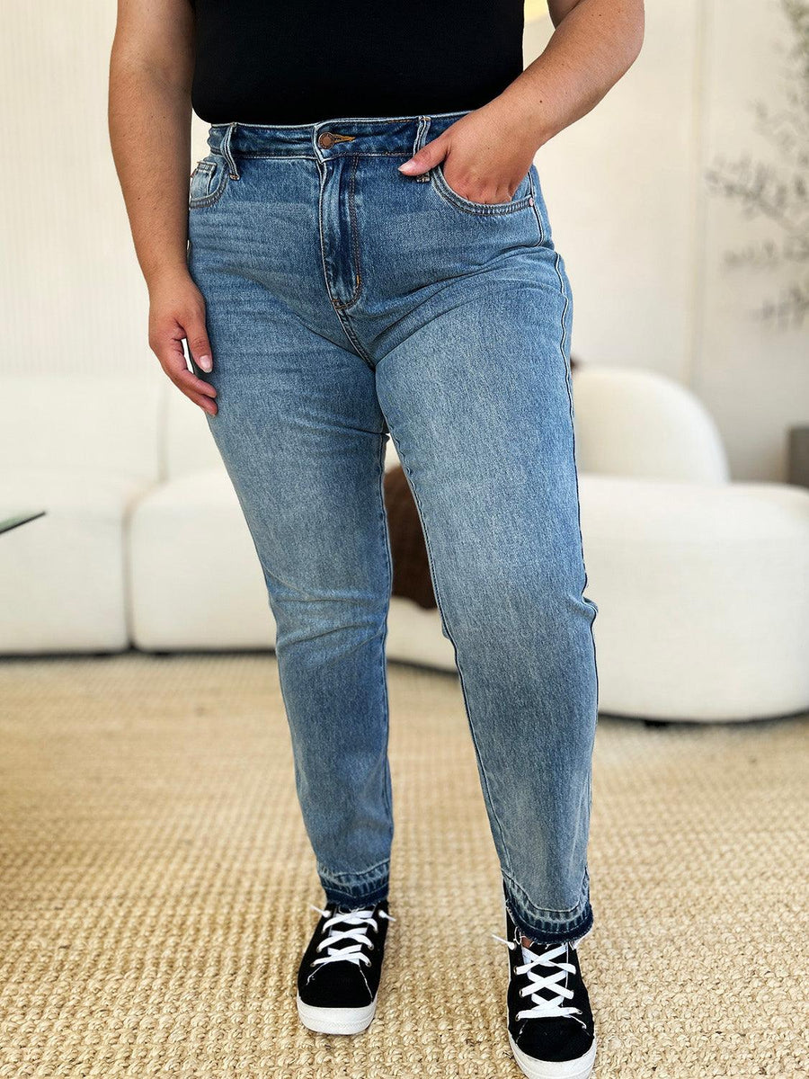 Judy Blue Mid Rise Rigid Magic Release Hem Jeans - Three Mad Hatters Mercantile 