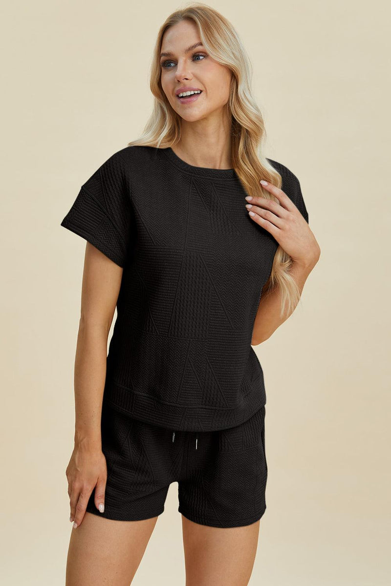 Double Take Full Size Texture Short Sleeve Top and Shorts Set - Three Mad Hatters Mercantile 