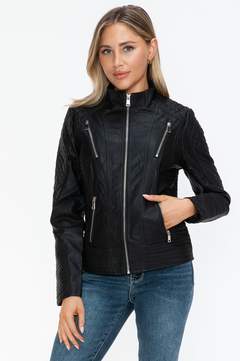 Snobbish Faux Leather Zip Up Mock Neck Jacket Womens Jacket