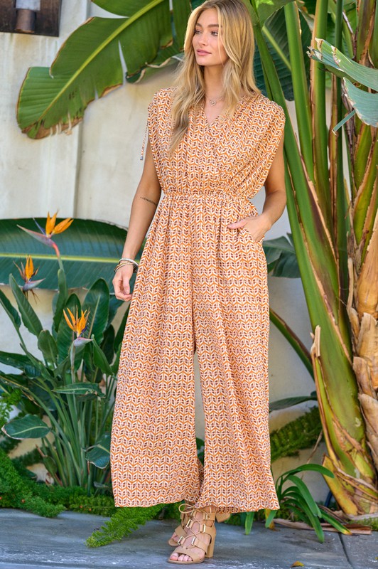 Printed V-Neck Sleeveless Jumpsuit Jumpsuit   