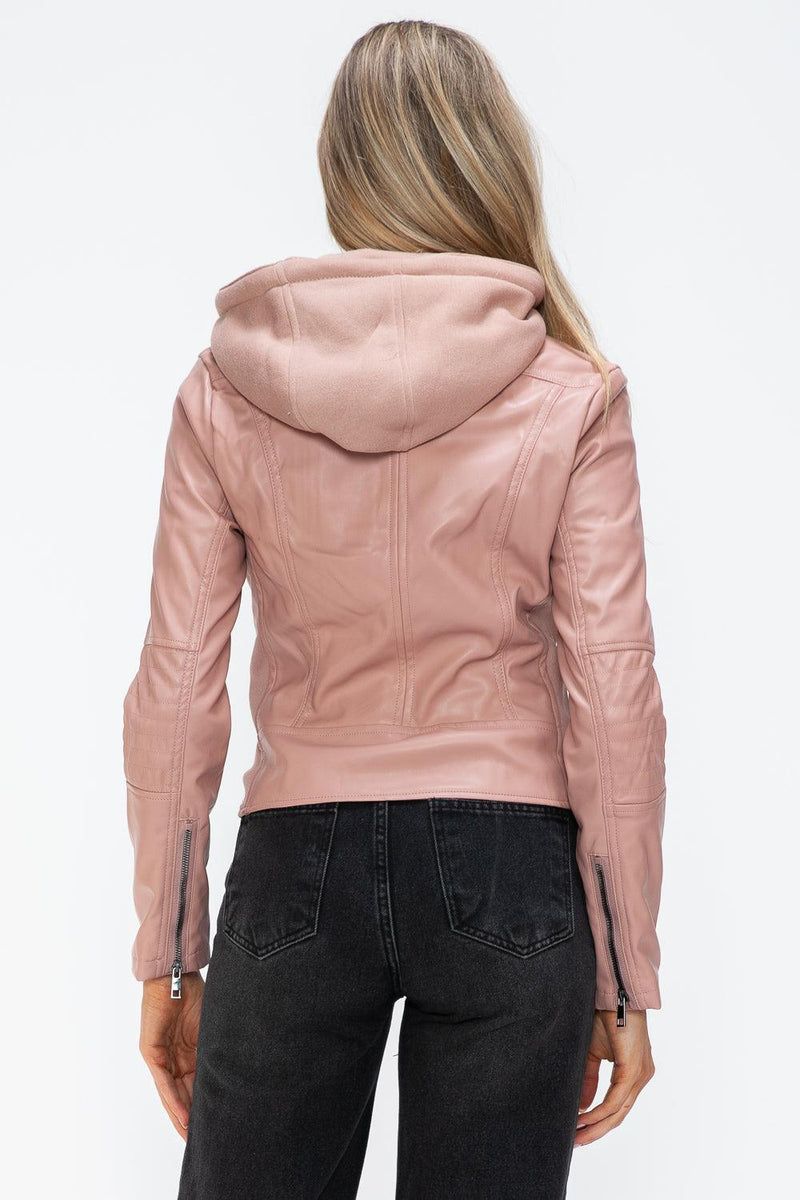 Snobbish Faux Leather Zip Up Drawstring Hooded Jacket - Three Mad Hatters Mercantile 