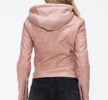 Snobbish Faux Leather Zip Up Drawstring Hooded Jacket