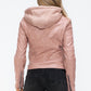 Snobbish Faux Leather Zip Up Drawstring Hooded Jacket Womens Jacket