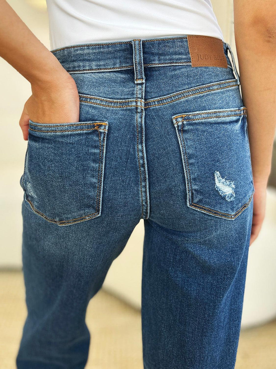 Judy Blue Full Size Mid Rise Distressed Raw Hem Jeans - Three Mad Hatters Mercantile 