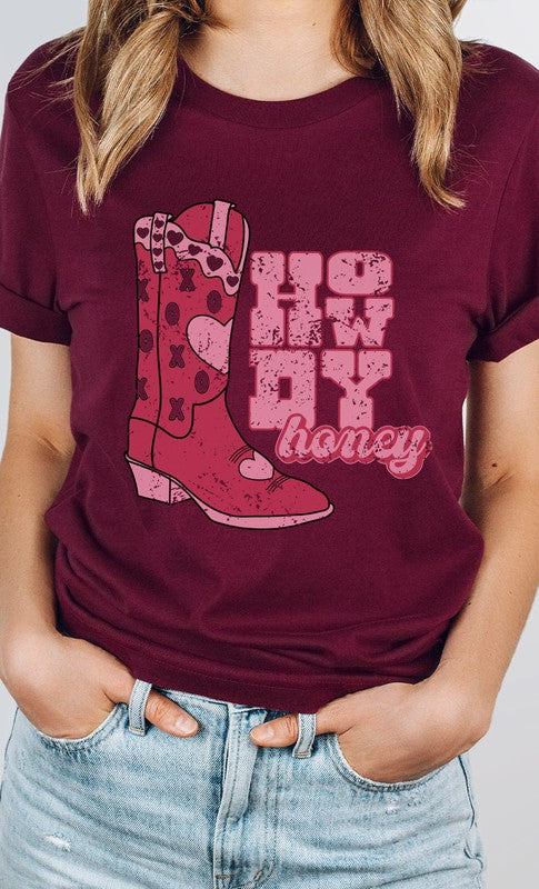 Howdy Honey XOXO Boots Valentines Graphic Tee Womens Graphic T-shirt Heather Maroon S 