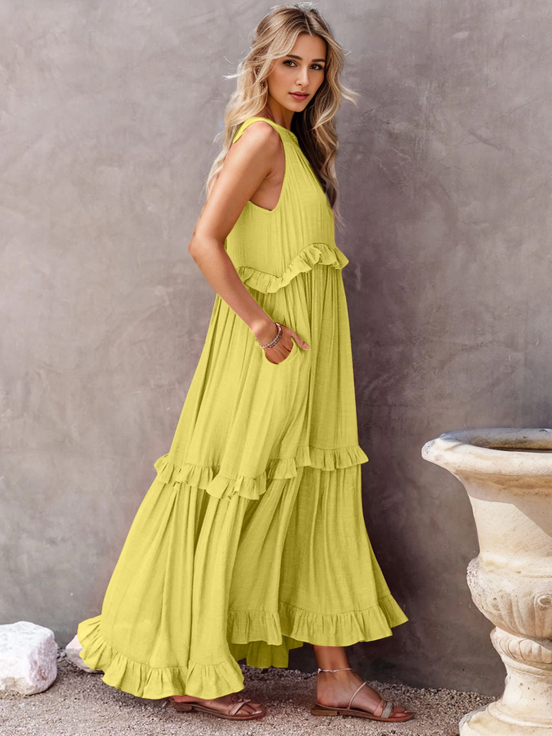 Ruffled Sleeveless Tiered Maxi Dress with Pockets  Chartreuse S 