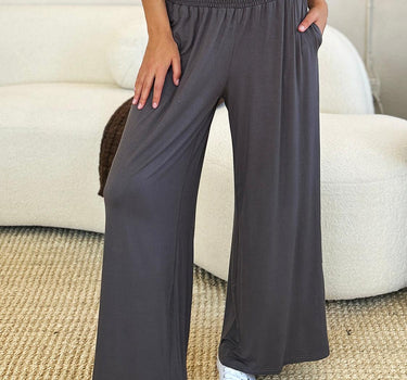 Double Take Full Size Smocked Wide Waistband Wide Leg Pants