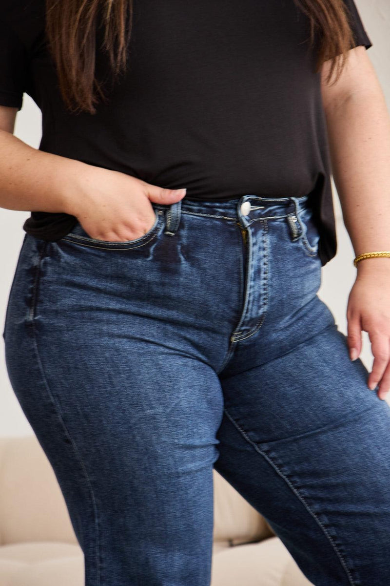 RFM Tummy Control High Waist Raw Hem Jeans - Three Mad Hatters Mercantile 