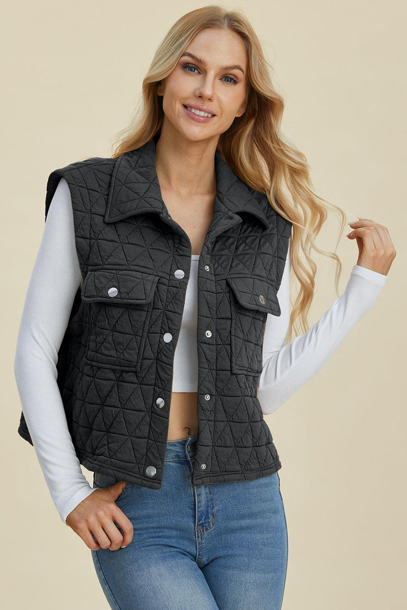 Double Take Pocketed Texture Snap Down Vest - Three Mad Hatters Mercantile 