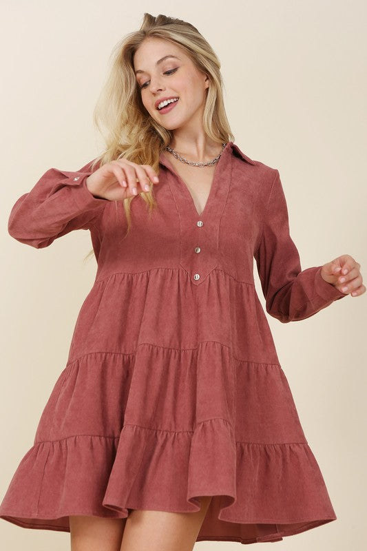 Corduroy tiered dress Womens Corduroy Dress Rust S 