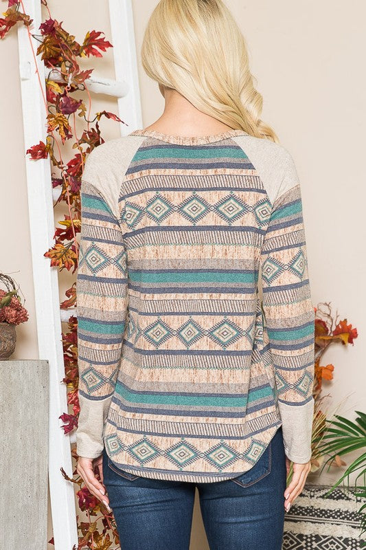 Tribal Print  Sweater Knit Long Sleeve Shirt   