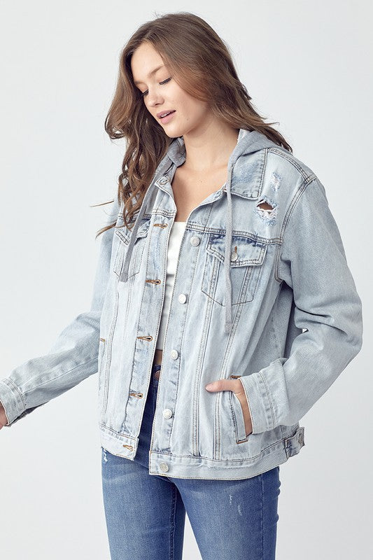 RISEN Distressed Drawstring Hooded Denim Jacket Womens Jacket