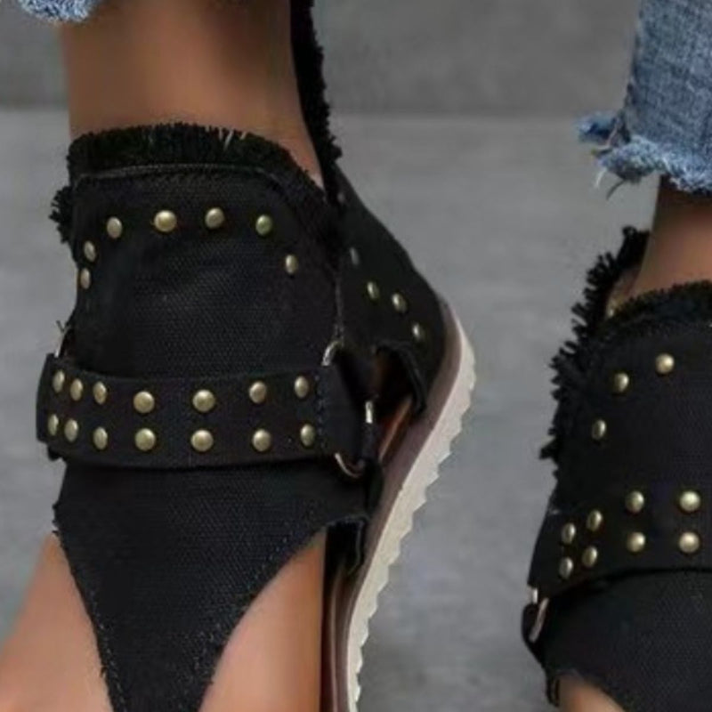 Studded Raw Hem Flat Sandals Womens Sandals   