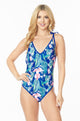 ONE PIECE BATHING SUIT FLORAL PRINT SHOULER TOP TI  Blue S 