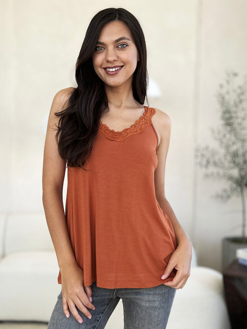 Basic Bae Full Size Lace Detail V-Neck Cutout Cami Womens Tank Tops Caramel S 