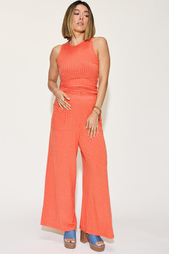 Basic Bae Full Size Ribbed Tank and Wide Leg Pants Set Womens Pant Set Orange S 