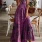 Full Size Smocked Printed V-Neck Short Sleeve Dress  Deep Purple S 