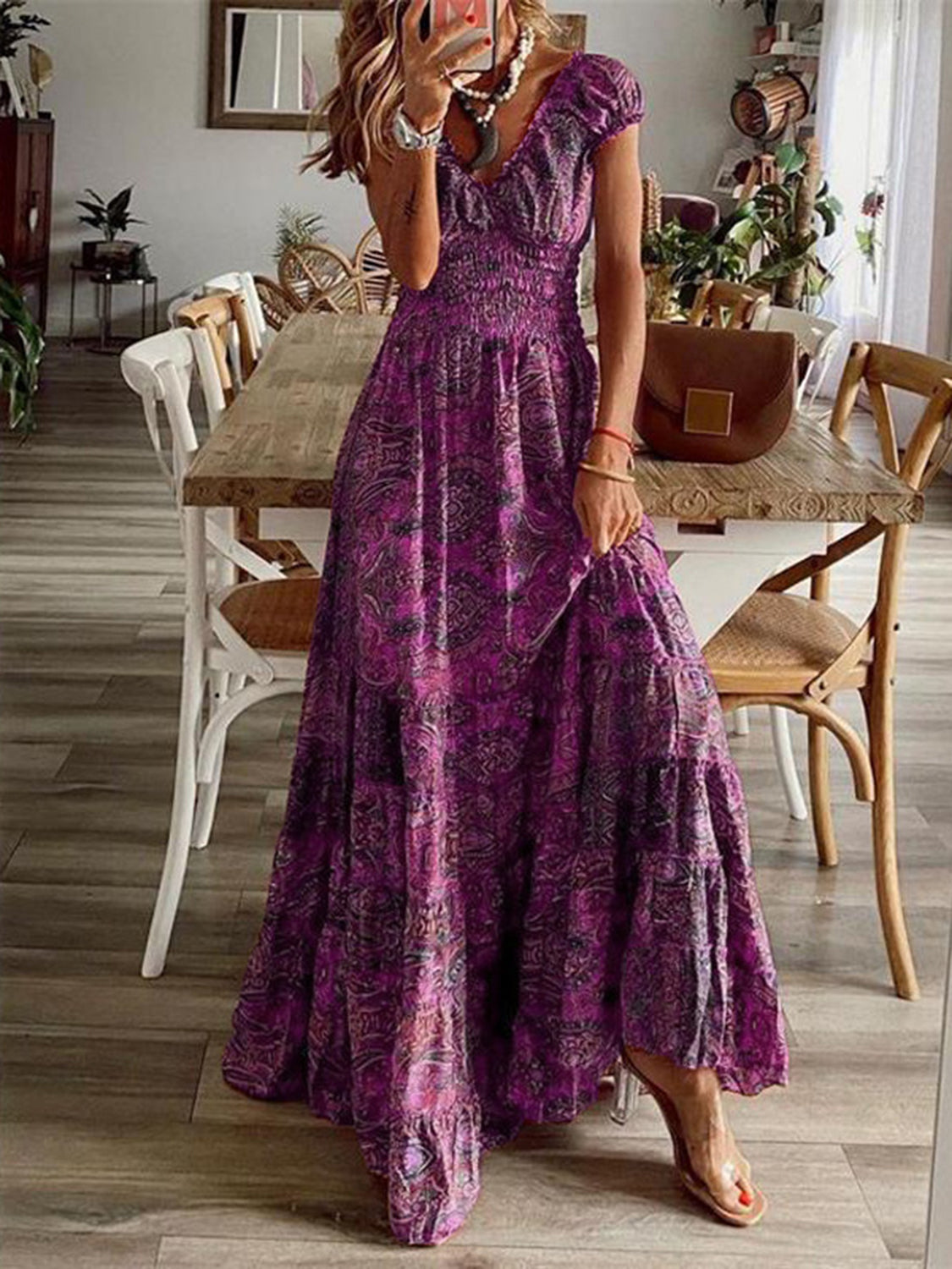 Full Size Smocked Printed V-Neck Short Sleeve Dress  Deep Purple S 