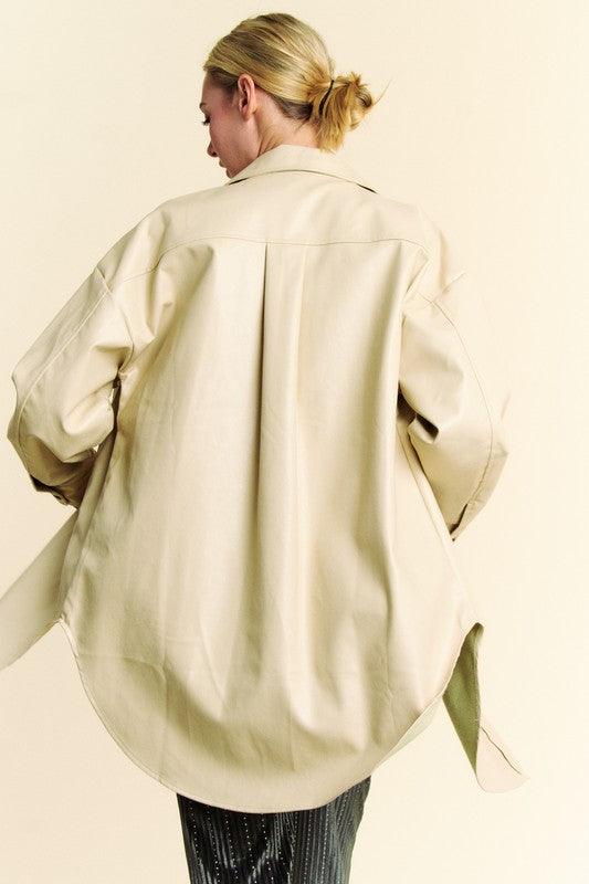 Davi & Dani Faux Leather Button Up Jacket with Chest Pockets - Three Mad Hatters Mercantile 