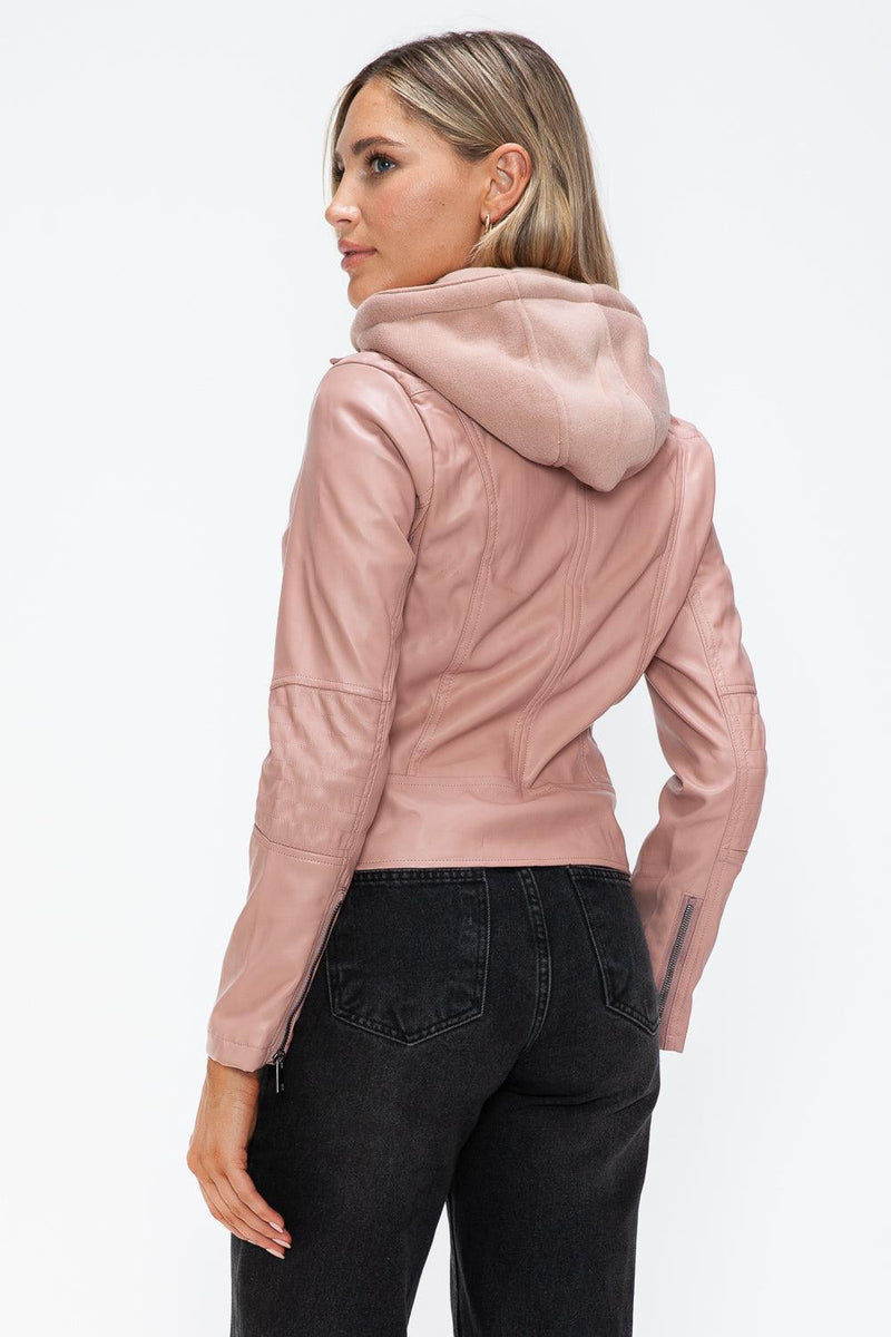 Snobbish Faux Leather Zip Up Drawstring Hooded Jacket - Three Mad Hatters Mercantile 