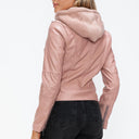 Snobbish Faux Leather Zip Up Drawstring Hooded Jacket