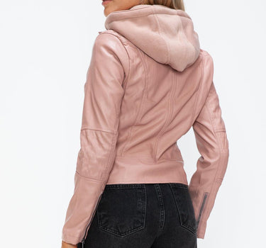 Snobbish Faux Leather Zip Up Drawstring Hooded Jacket