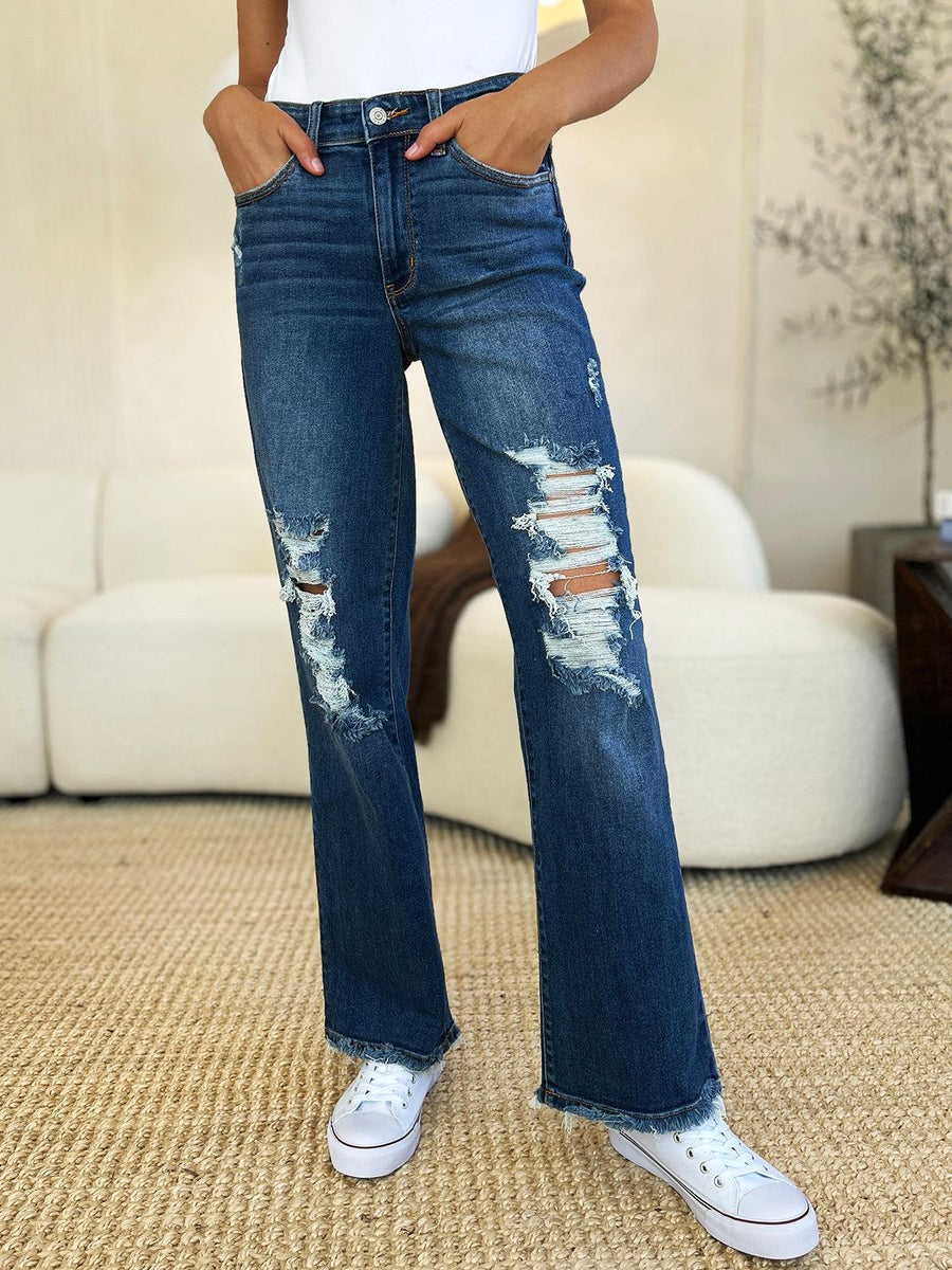 Judy Blue Full Size Mid Rise Distressed Raw Hem Jeans - Three Mad Hatters Mercantile 