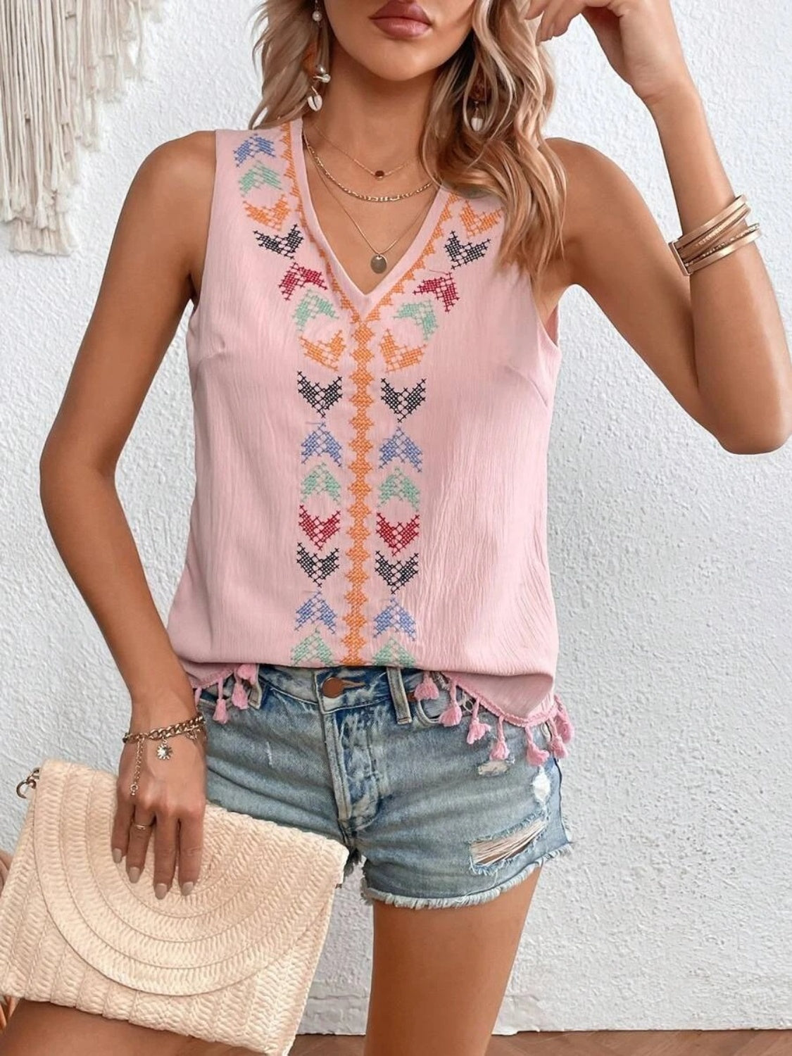 Printed V-Neck Tank w Tassels Womens Tank Tops Light Mauve S 