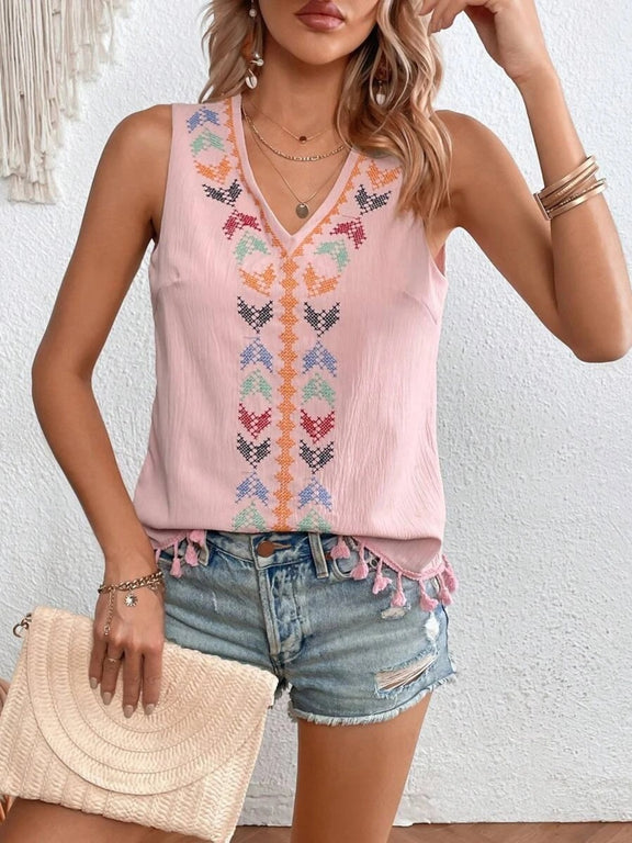 Printed V-Neck Tank w Tassels Womens Tank Tops Light Mauve S 