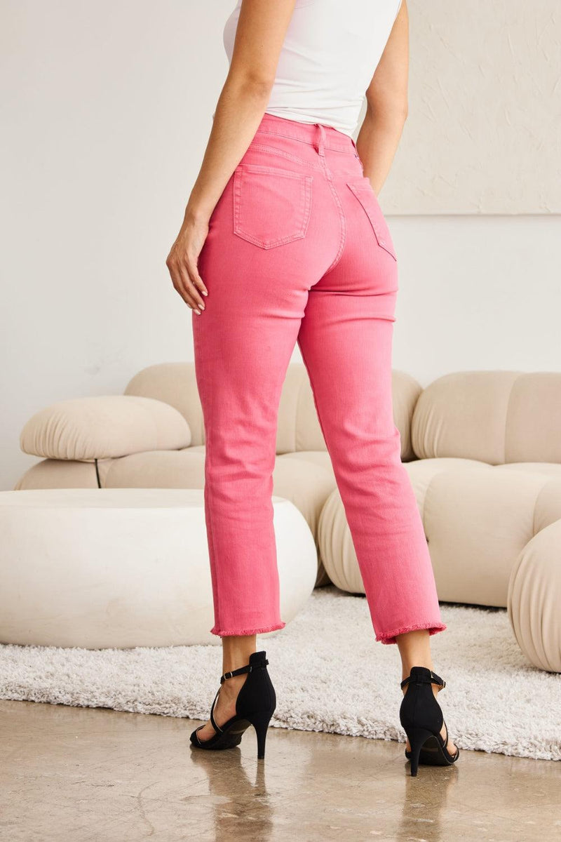 RFM Crop Dylan Tummy Control High Waist Raw Hem Jeans - Three Mad Hatters Mercantile 