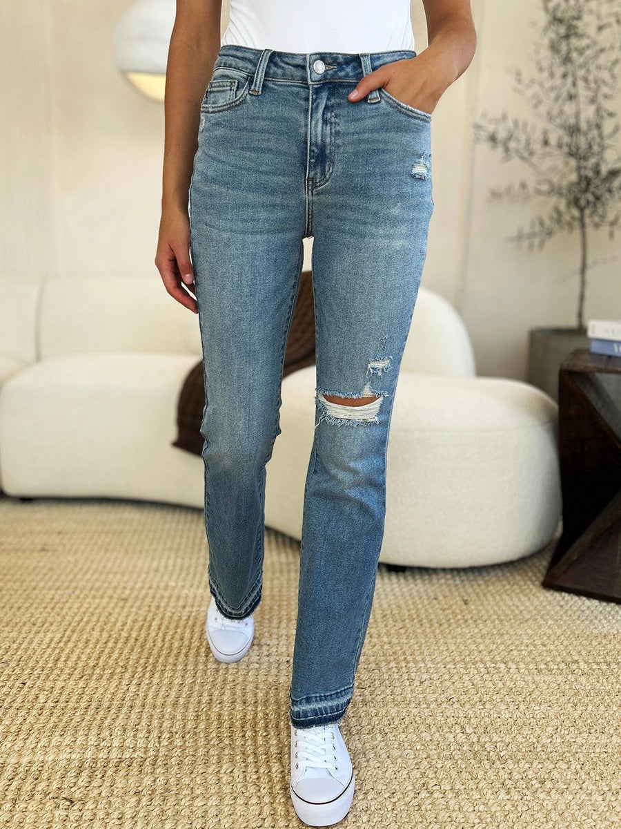 Judy Blue Full Size Mid Rise Destroyed Hem Distressed Jeans - Three Mad Hatters Mercantile 