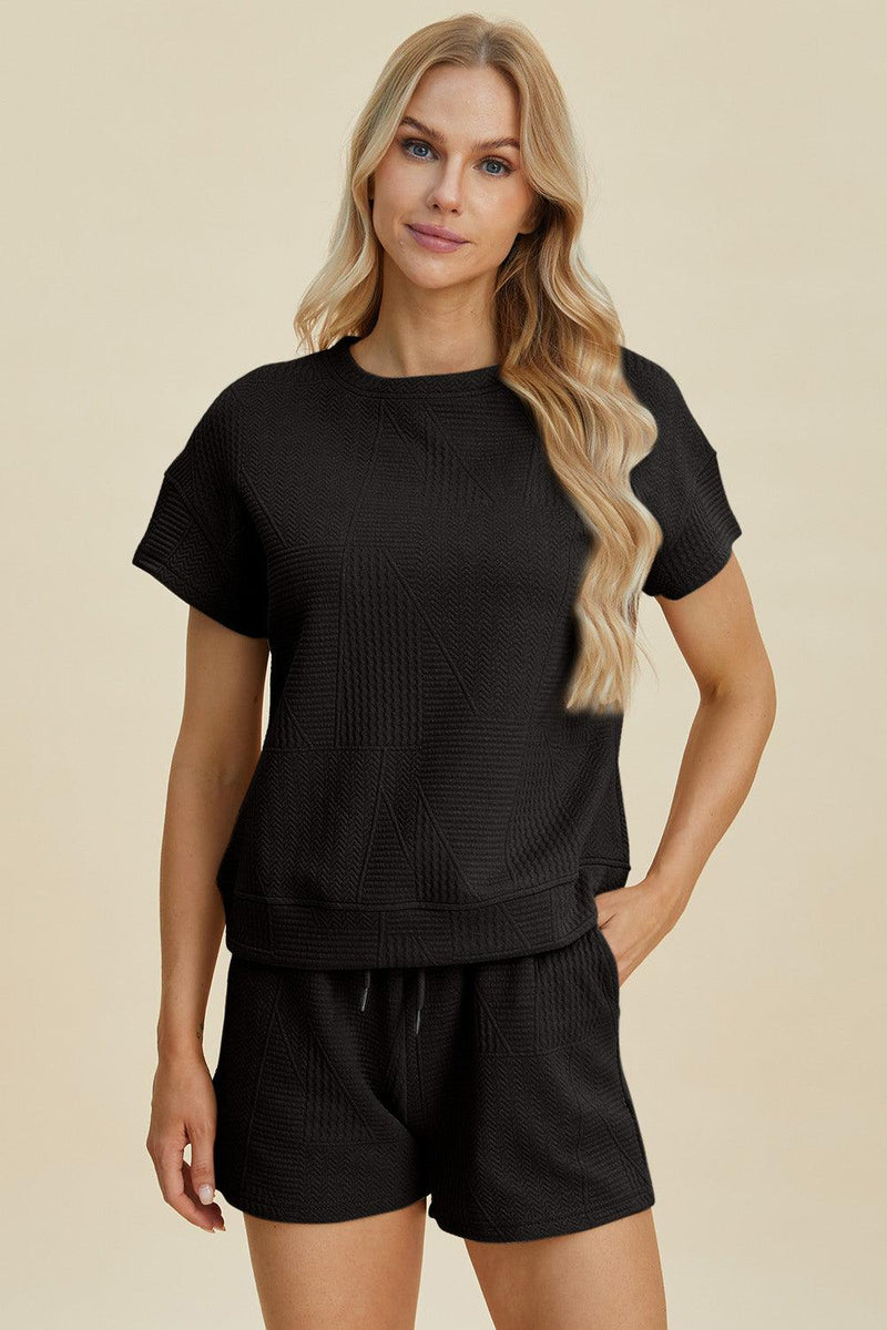 Double Take Full Size Texture Short Sleeve Top and Shorts Set - Three Mad Hatters Mercantile 