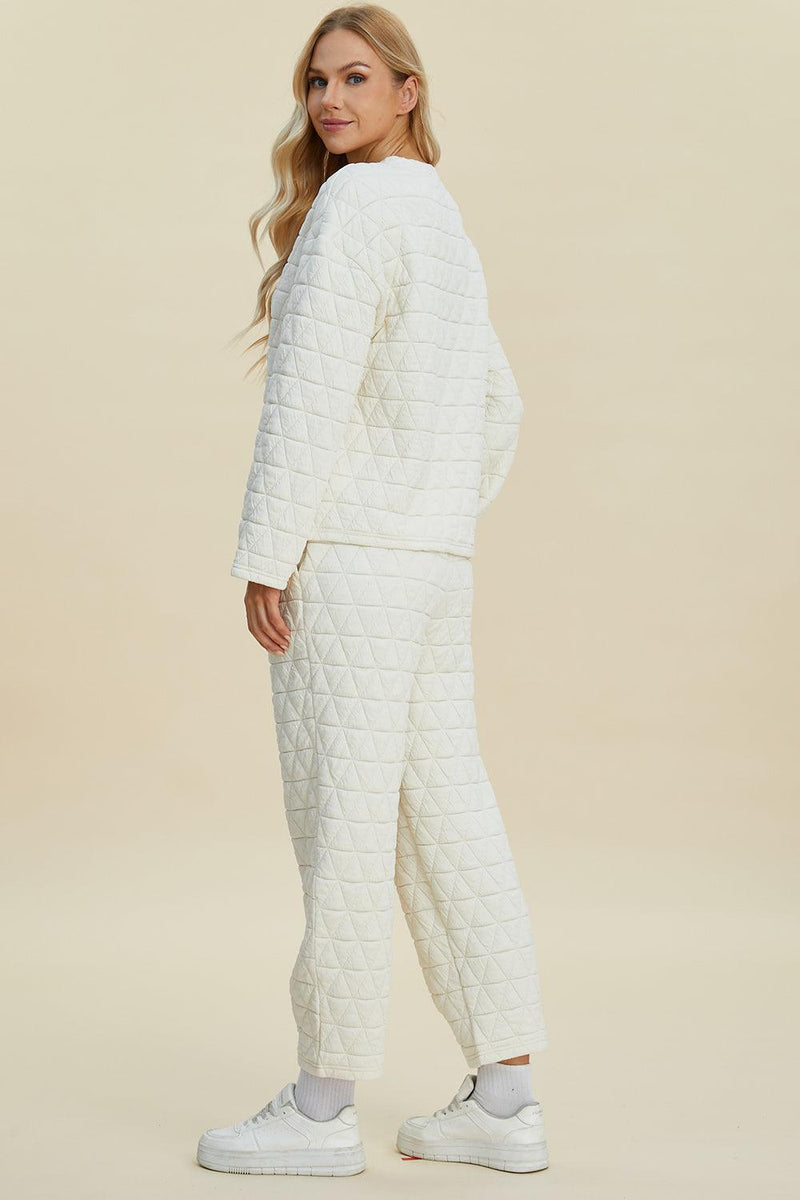 Double Take Textured Long Sleeve Top and Pants Set - Three Mad Hatters Mercantile 